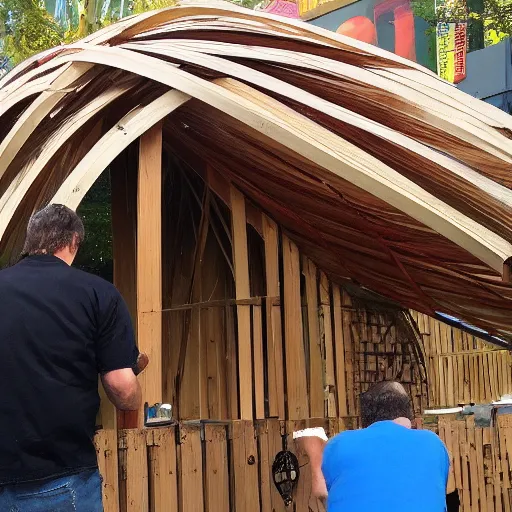 Image similar to iron man constructing a sukkah, booth, shelter