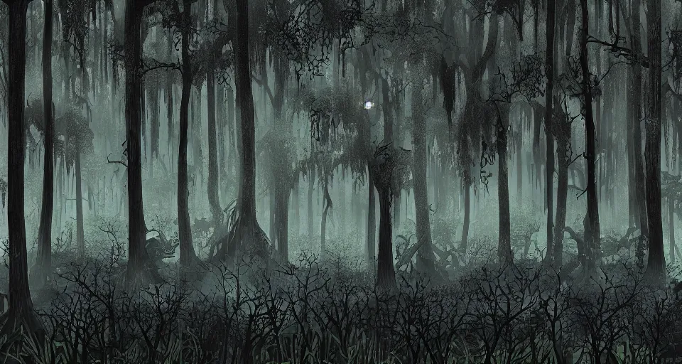 Image similar to A dense and dark enchanted forest with a swamp, from Cryptid Academia