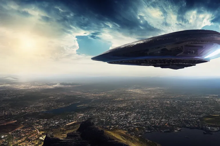 Prompt: a huge spaceship emerging from the clouds over Table Mountain in South Africa, cinematic, dramatic lighting, 4k, ultra detailed, trending on artstation