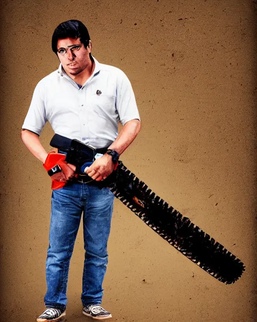 Image similar to Digital presidential anime art of Alvaro Uribe Velez holding a chainsaw by A-1 studios, serious expression, empty warehouse background, highly detailed, spotlight