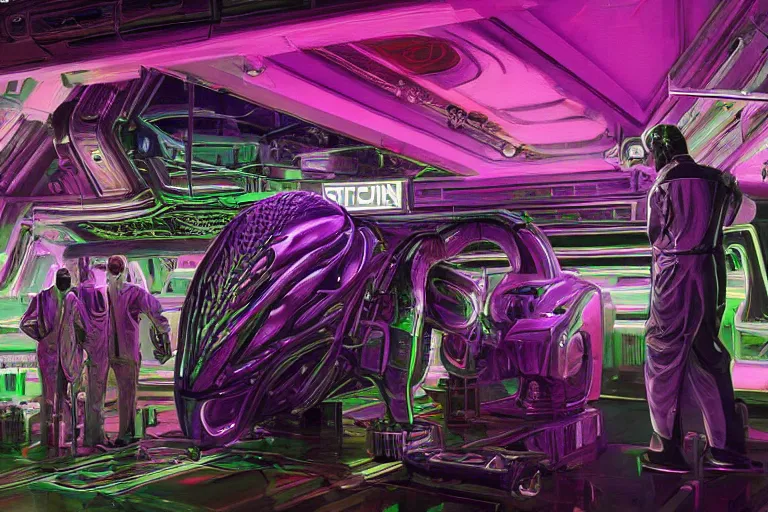 Image similar to A highly detailed rendering bitcoin demand, soft neon purple lighting, reflective surfaces, sci-fi concept art, by Syd Mead and H.R.Giger, highly detailed, oil on canvas