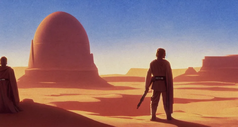 Prompt: beautiful wide shot tatooine landscape, obi wan kenobi and Luke skywalker in land-speeder, Star Wars a new hope 1977, studio ghibli, Miyazaki, Greg rutkowski, Alphonse mucha, Moebius , animation, golden hour, highly detailed, hdr, vivid color, 70mm