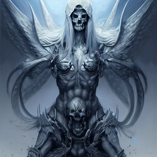 Image similar to concept art by artgerm, death of the four horsemen of the apocalypse, soft grey and blue natural light, intricate, queen of death riding, highly detailed dark art, digital painting, artstation, concept art, smooth, sharp focus, illustration, art by greg rutkowski and luis rollo and uang guangjian and gil elvgren, symmetry!