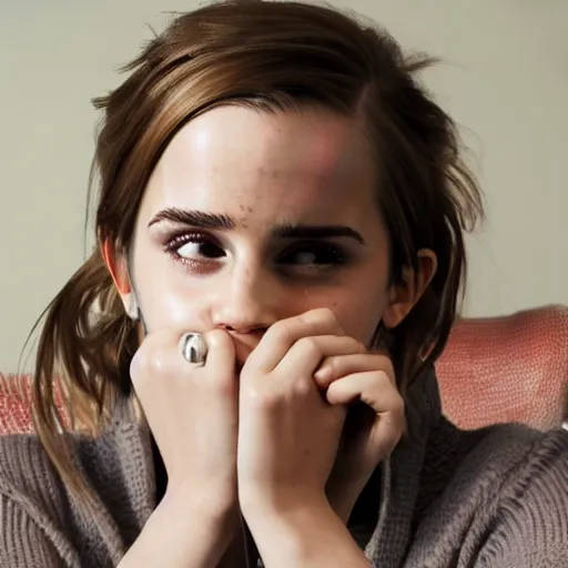 Image similar to emma watson in distress, full body visible, tied with a chair, emma is crying and angry, she is unable to escape, hyperrealistic, 4 k