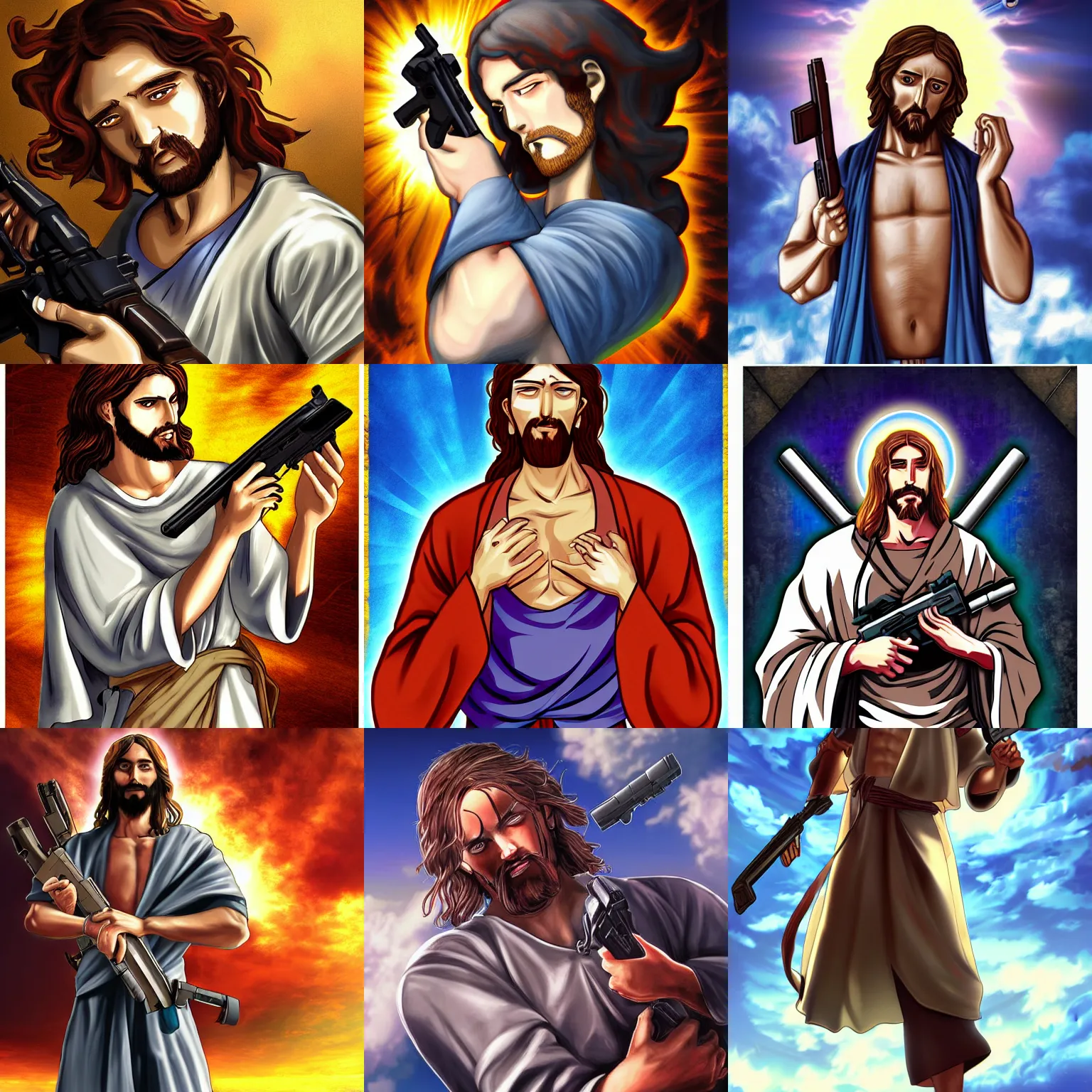 Prompt: jesus anime style holding a gun up to his chest, between heaven and hell, advanced digital art, ultra detailed