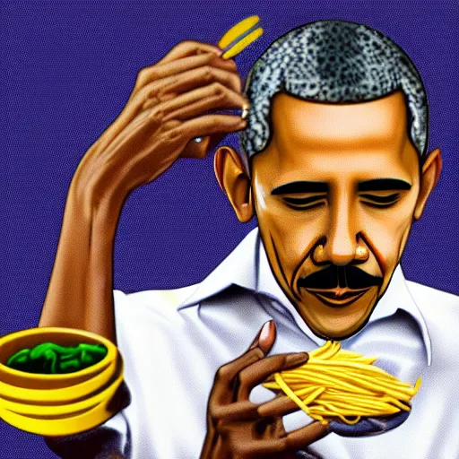 Image similar to Obama with a mustache eating pasta, vaporwave