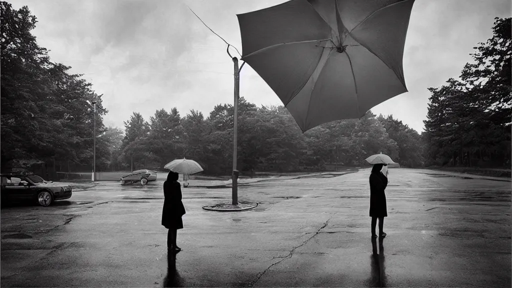 Prompt: “ a woman waiting on the corner holding an umbrella, photography by gregory crewdson ”