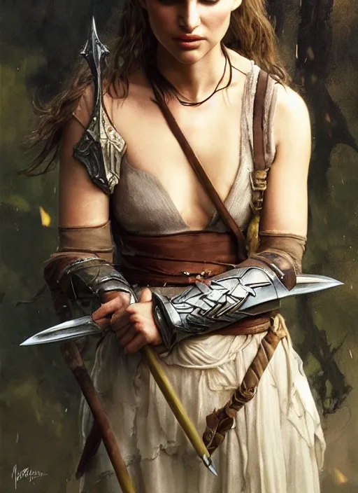 Image similar to young natalie portman, legendary warrior, fighter, lord of the rings, tattoos, decorative ornaments, battle armor, carl spitzweg, ismail inceoglu, vdragan bibin, hans thoma, greg rutkowski, alexandros pyromallis, cute, perfect face, detailed, sharply focused, centered, rule of thirds, photorealistic shading