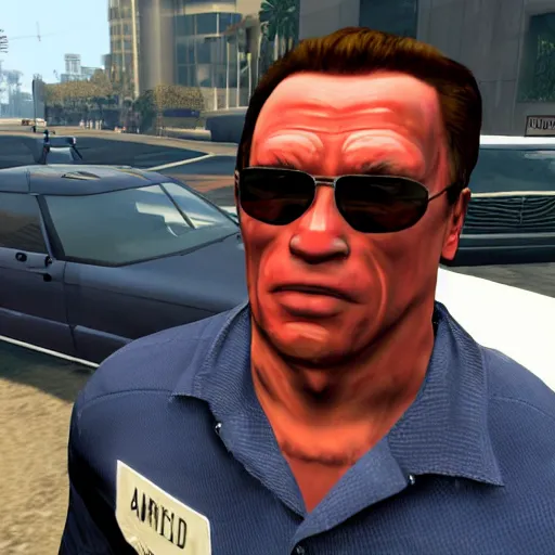 Prompt: GTA V arnold schwarzenegger screenshot stealing a cop car