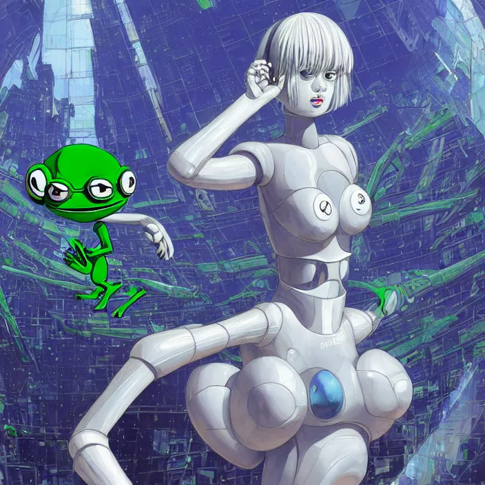 Image similar to pepe the frog, plug suit rei ayanami plug suit radially symmetric alien megastructure turbulent bismuth glitchart atmospheric cinematic environmental architectural design john berkey potrait sculpture of gigantic head surround