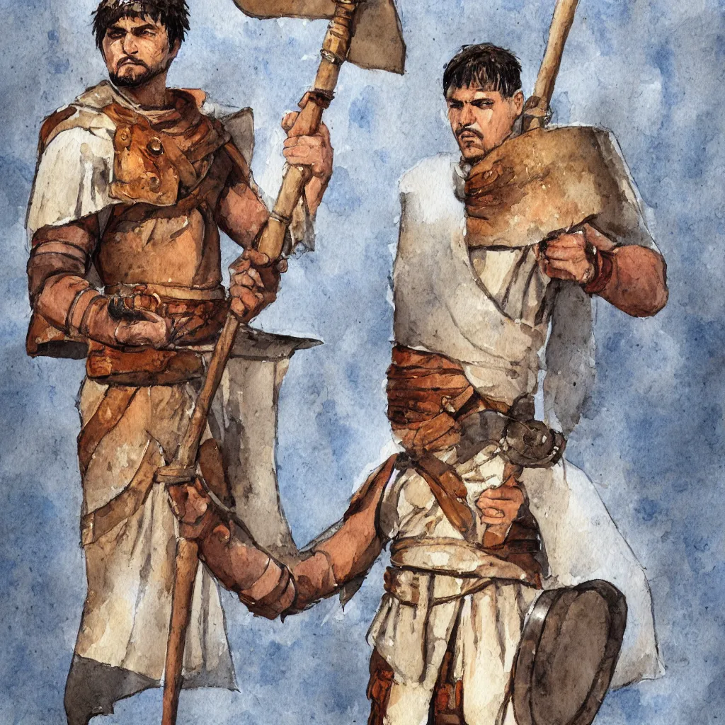 Image similar to a roman legionnaire holding a letter, watercolor, concept art, white background