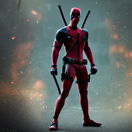Prompt: full body pose, hyperrealistic photograph of deadpool, dim volumetric lighting, 8 k, octane beautifully detailed render, extremely hyper detailed, intricate, epic composition, cinematic lighting, masterpiece, trending on artstation, very very detailed, stunning, hdr, smooth, sharp focus, high resolution, award, winning photo, dslr, 5 0 mm