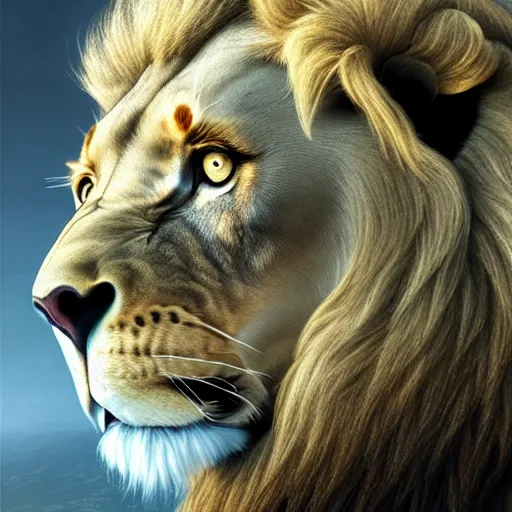 Image similar to a lion with giant white wings,photorealiatic,hyperdetailed,hyperrealistic,studio lighting,studio photography,professional photography,professional lighting,detailed face,3 point lighting,4k,digital art,ultra realistic,ultra detailed,art by greg rutkowski,dramatic,cinematic,movie shot,high angle shot