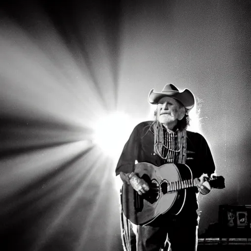 Image similar to willie nelson on stage, detailed, guitar. god rays through fog.