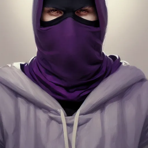 Image similar to ultra realistic illustration, man in a black hood, in a striped purple balaclava, mysterious, highly detailed, digital painting, artstation, concept art, smooth, sharp focus, illustration, art by artgerm and greg rutkowski and alphonse mucha