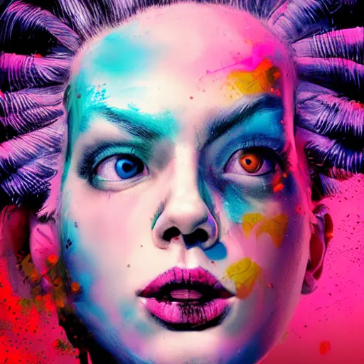 Image similar to splashes of neon clouds, mowhawk, punk women portrait made out of paint, trending on artstation, epic composition, emotional, beautiful, rendered in octane, highly detailed, realistic, tim burton comic book art, sharp focus, unreal engine