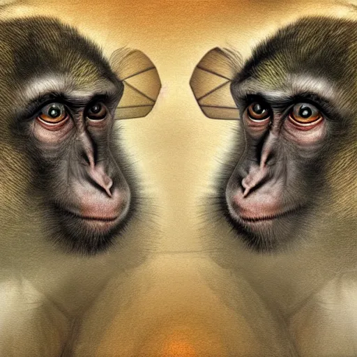Image similar to two macaques looking at each other inside victorian mansion, digital art, soft shadows, creepy art, flare effect