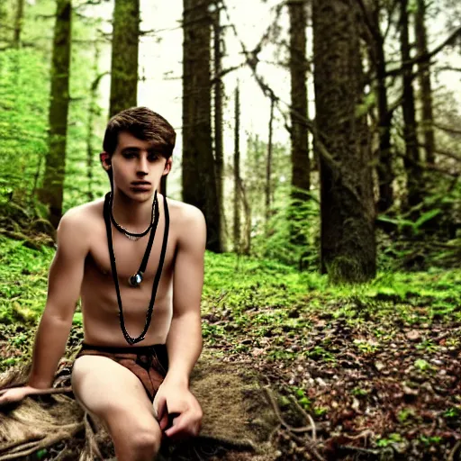 Image similar to a teenage boy, around 2 3 years old with necklace, natural brown hair, loincloth, pale skin, detailed face. sitting in ominous and eerie looking forest. natural colors. realistic photo.