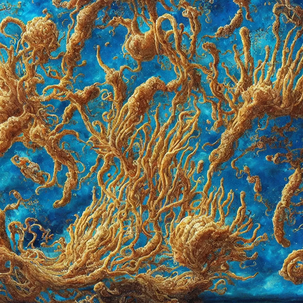 Image similar to beautiful and artistic mycelium on a fantastic planet and unusual inhabitants of the oceans, highly detailed, Allegorical Painting