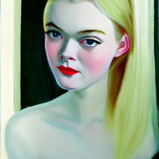 Image similar to Painting of Elle Fanning in a 60s ad, long blonde hair, delicate, pale milky white porcelain skin, by Edward Hopper. 8K. Extremely detailed.