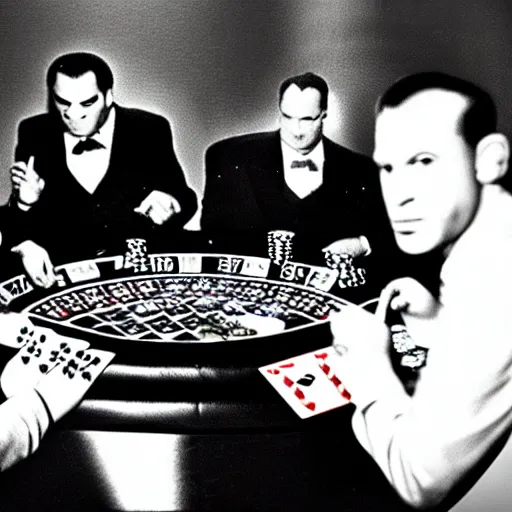 Image similar to a gorilla mobster playing poker at a casino table with other gorilla mobsters