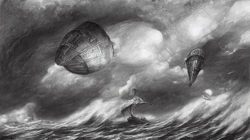 Image similar to drawing of one giant steampunk zeppelin flying above a stormy ocean, by gustave dore, nineteenth century, black and white, vintage, science fiction, epic composition, dramatic lighting, highly detailed, cinematic