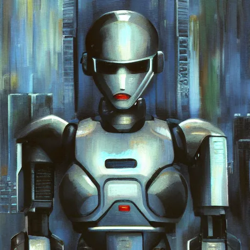 Image similar to ghost in the shell, robocop, impasto, oil painting, detail,