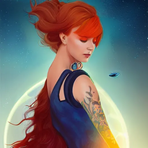 Prompt: side portrait of a beautiful tattoed redhead woman carrying a laser gun, a planet in the background. blue dress, light iridescent hair color, long windy hair style, fantasy, intricate, sharp focus, lens flare, bloom, rim light, illustration, highly detailed, digital painting, concept art, matte, art by ruan jia