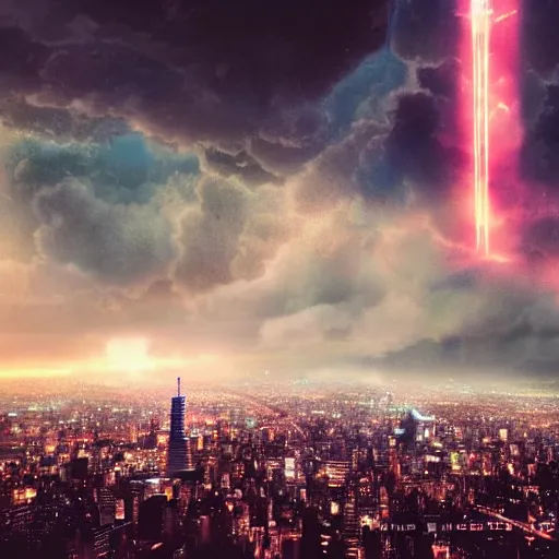 Prompt: city in the clouds, beautiful art, dreamy, high detail, neon, dramatic, cinematic, clouds, moody, star ships, dark, night, sharp, detailed, fantasy art, tokyo, skycrapers, cloudy, very realistic