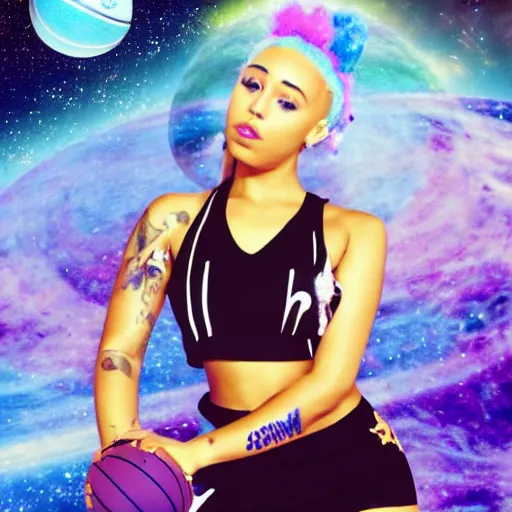 Prompt: paparazzi photo of Doja Cat on basketball court in outer space, beautiful beautiful beautiful beautiful beautiful beautiful beautiful digital art