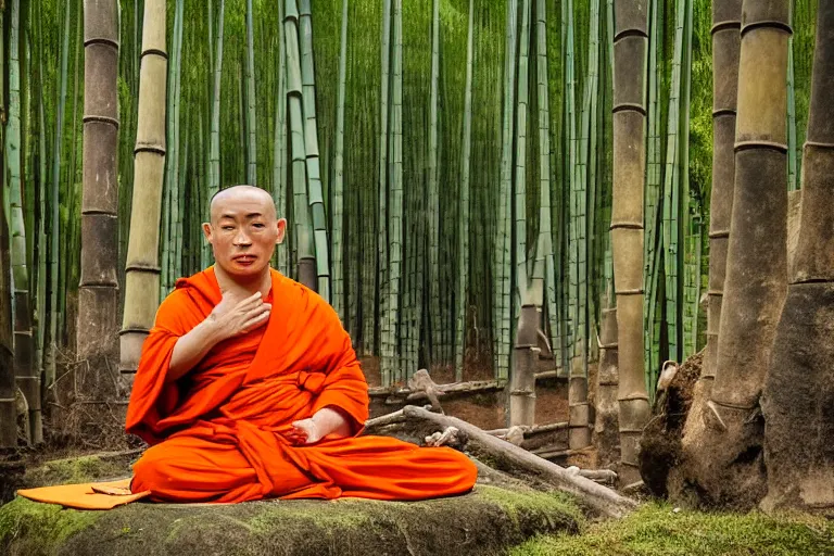 Image similar to a high quality photo of a panda monk, wearing orange clothes, meditating, sitting in front of a temple. bamboo forest in the background, shinji aramaki
