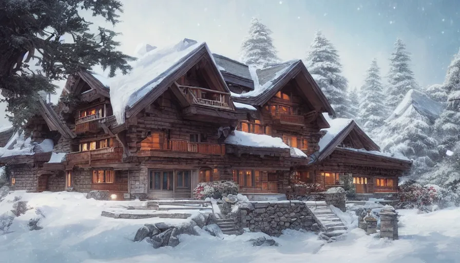 Image similar to A highly detailed matte painting of Modern chalet built in the snowy mountains, by Studio Ghibli, Makoto Shinkai, by Artgerm, by WLOP, by Greg Rutkowski, volumetric lighting, octane render, 4K resolution, trending on artstation, masterpiece