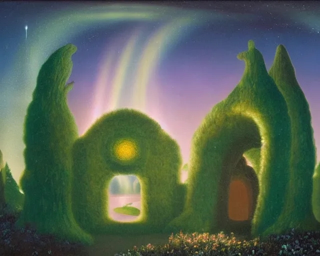 Prompt: Enchanted forest, with a magical portal gate leading to Paradise, with Aurora Borealis in the sky, by John Avon and René Magritte, oil on canvas