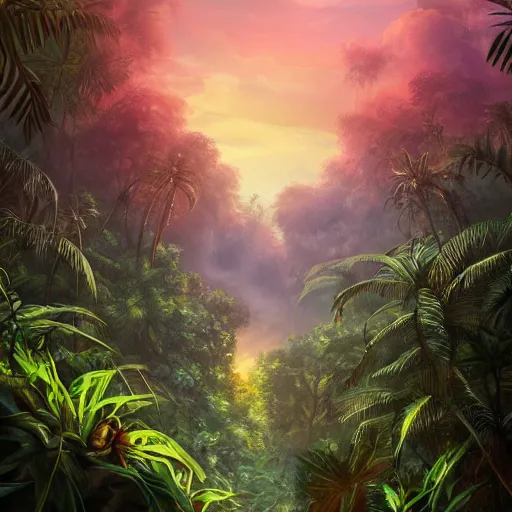 Prompt: a weasel in a jungle!, mist, tropical trees, vines, birds, sunset!, fluffy clouds, warm colors, beautiful lighting, digital art, intricate details, trending on artstation