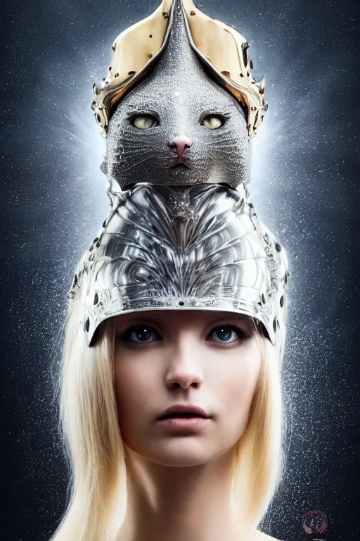 Image similar to female knight wearing a real cat on her head, armor designed by wayne barlowe, swarovski and tiffany, blonde hair, symmetry, sci - fi, cinematic, elegant, luxury, perfect light, perfect composition, dlsr photography, sharp focus, dark fantasy, 8 k, ultra hd, sense of awe, highly detailed, realistic, intricate