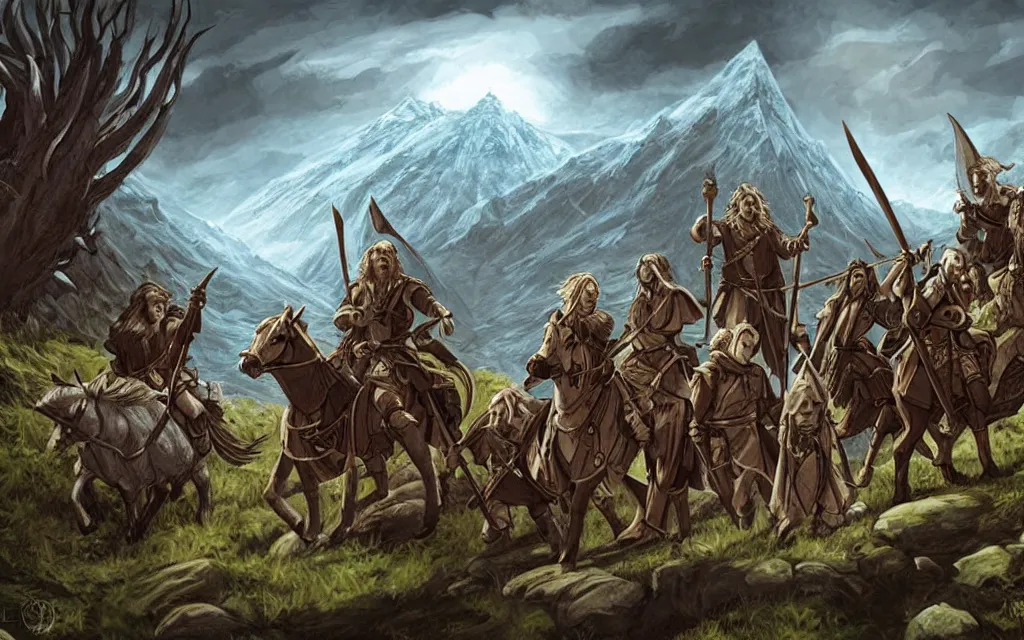 Prompt: DnD party adventuring across vast rugged mountain range, LOTR fantasy illustration