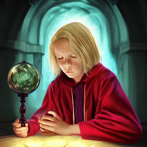 Prompt: Portrait of a 12 year old white boy with blond medium length hair, sitting cross-legged, wearing red sorcerer's robes, holding an illuminated crystal ball in his hands and gazing into it, inside of a cabin, Dungeon's & Dragons, digital illustration, deviantart, matte fantasy painting, by Jason Felix by Steve Argyle by Tyler Jacobson by Peter Mohrbacher