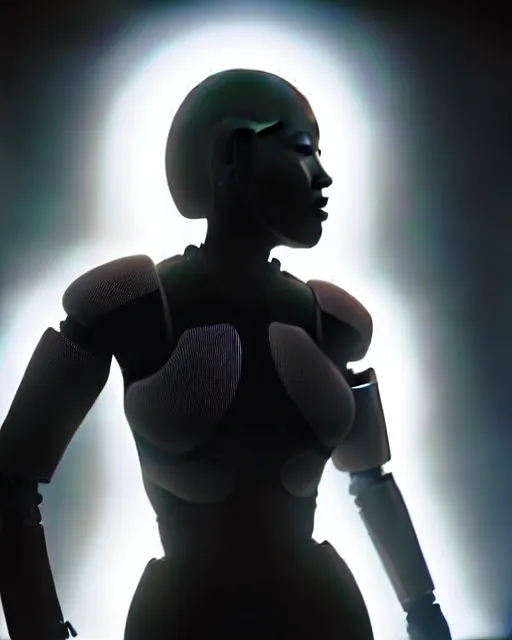 Image similar to black and white high quality photo of a beautiful female AI cyborg looking into a sci-fi mirror, volumetric lighting, liminal space, brutalism, foggy, dreamy, hyperdetailed, bokeh, photorealistic, cinematic, masterpiece, Metropolis, elegant, dark, octane render, 8K,