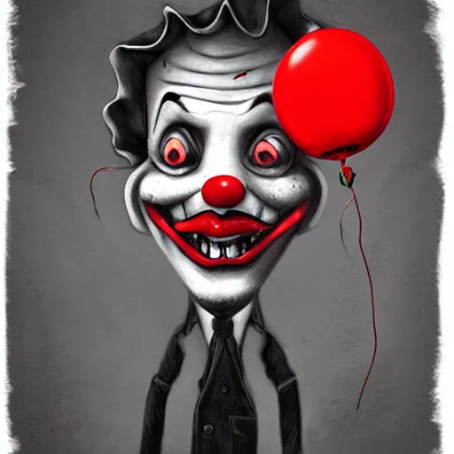 Prompt: surrealism grunge cartoon portrait sketch of the mushroom man with a wide smile and a red balloon by - michael karcz, loony toons style, pennywise style, horror theme, detailed, elegant, intricate