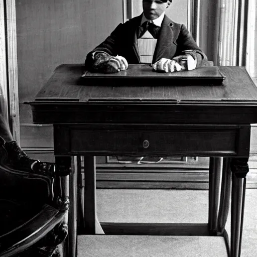 Image similar to 2 0 megapixels, aristocratic, vintage photo of an anthropomorphic perfect frog wearing a perfect suit sitting behind a perfect victorian desk, 1 9 4 0, professional photography, ultra detailed, beautiful, precise, close up