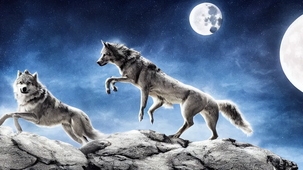 Prompt: Beautiful epic cinematography of David Bowie riding on top of a giant silver wolf, while the wolf is on a giant boulder, with a massive moon in the background at night; high resolution digital art