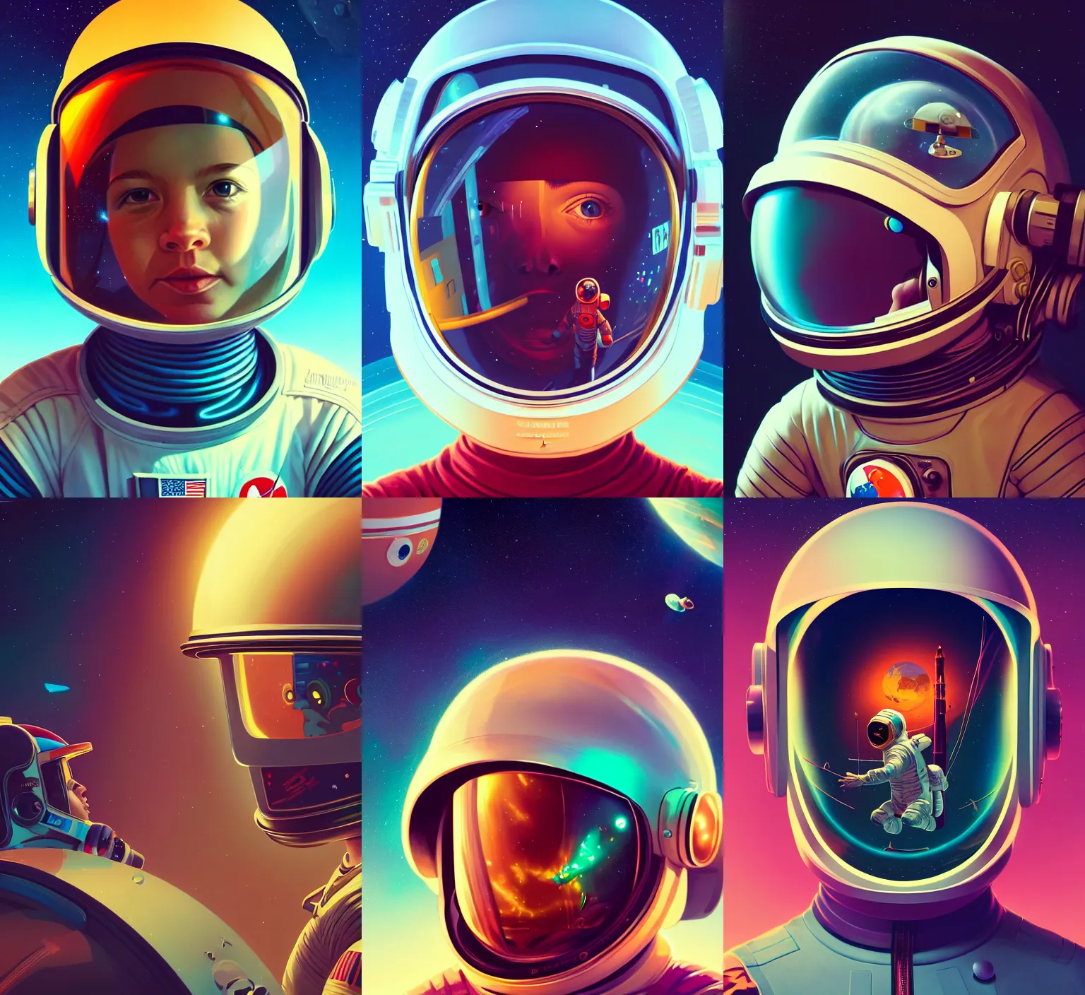 Prompt: retrofuturistic portrait of a children in astronaut helmet, space graphics art in background, close up, wlop, dan mumford, artgerm, liam brazier, peter mohrbacher, 8 k, raw, featured in artstation, octane render, cinematic, elegant, intricate, 8 k