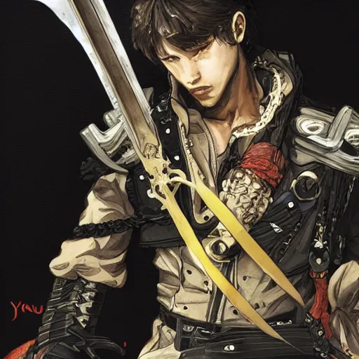 Image similar to portrait of a hero holding his sword in front of his face by yoji shinkawa, high quality, extra details, realism, ornate, colored, golden chain, blood, white skin, short hair, brown eyes, vivid, sunlight, dynamic, american man, freedom, handsome, dynamic lighting, dimensions, dimensional