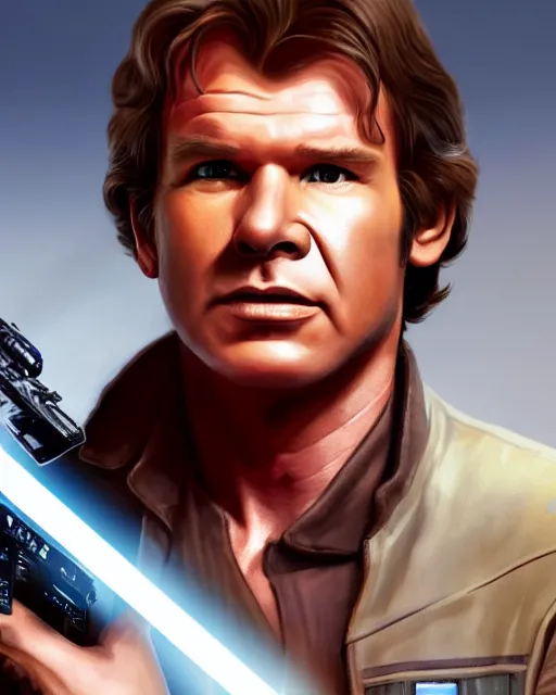 Image similar to portrait of han solo on the millennium falcon, harrison ford,, star wars, gta v, hyper realistic, ambient lighting, concept art, intricate, hyper detailed, smooth, action, volumetric lighting, george lucas, arney fretag, ralph mcquarrie, octane