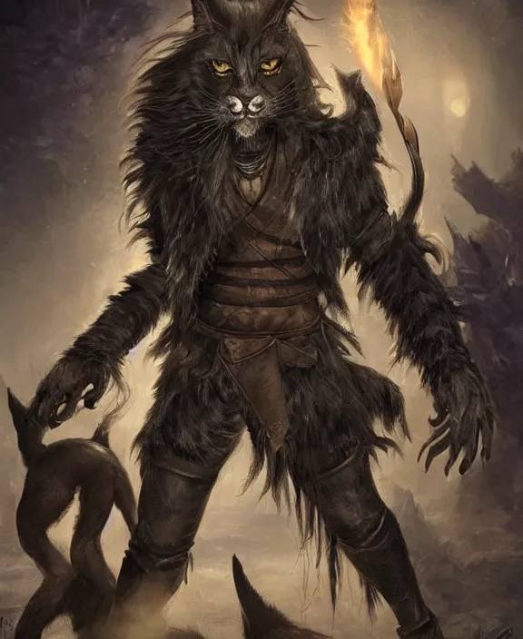 Prompt: humanoid male khajiit rogue, wearing leather armor, mainecoon cat features with black fur, far - mid shot, magic the gathering, fantasy