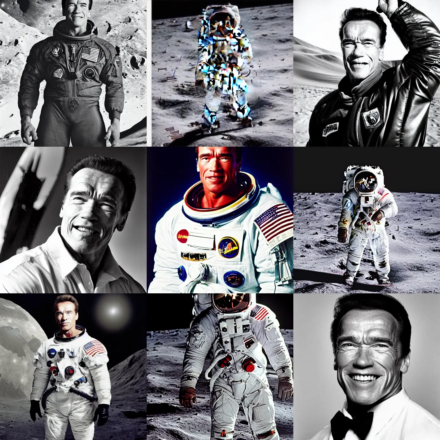 Prompt: Arnold Schwarzenegger on the moon, publicity portrait photograph