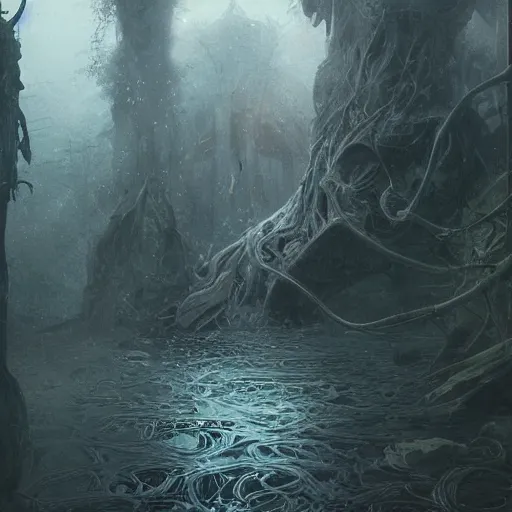 Image similar to epic hyperdetailed portrait of a haunting 🐙🕷 lurking in the shadows. by greg rutkowski, highly detailed portrait, rococo, digital painting, artstation, concept art, smooth, sharp foccus ilustration, artstation hq. intricate, elegant. art by wlop and artgerm and greg rutkowski and alphonse mucha, masterpiece. misty rainforest