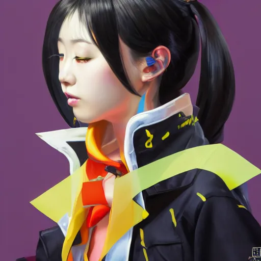 Prompt: Portrait painting Yukiko okada japanese idol wearing a jacket and a collar, as an Overwatch character, medium shot, asymmetrical, profile picture, Organic Painting, sunny day, Matte Painting, bold shapes, hard edges, street art, trending on artstation, by Huang Guangjian and Gil Elvgren and Sachin Teng