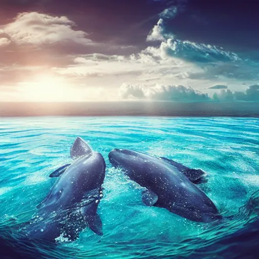 Prompt: underwater ocean, ten whales swimming up to the surface, pod, calm, realistic, peaceful, light rays, beautiful, majestic, dapple, deep ocean