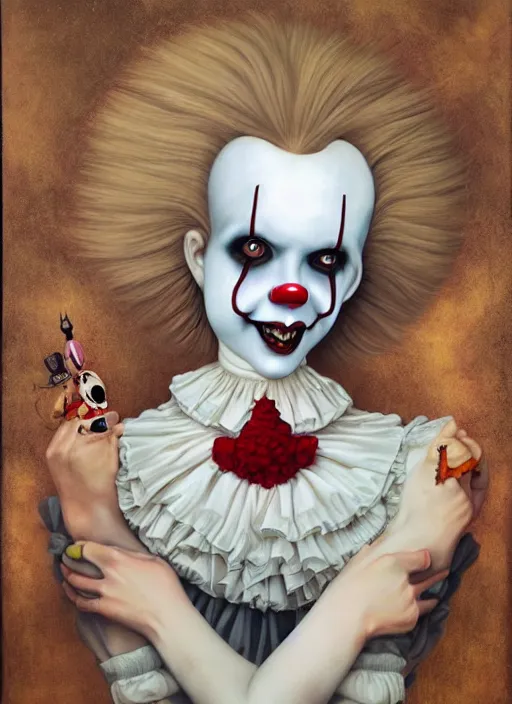 Prompt: pop surrealism, lowbrow art, realistic pennywise painting, japanese street fashion, hyper realism, muted colours, rococo, natalie shau, loreta lux, tom bagshaw, mark ryden, trevor brown style,